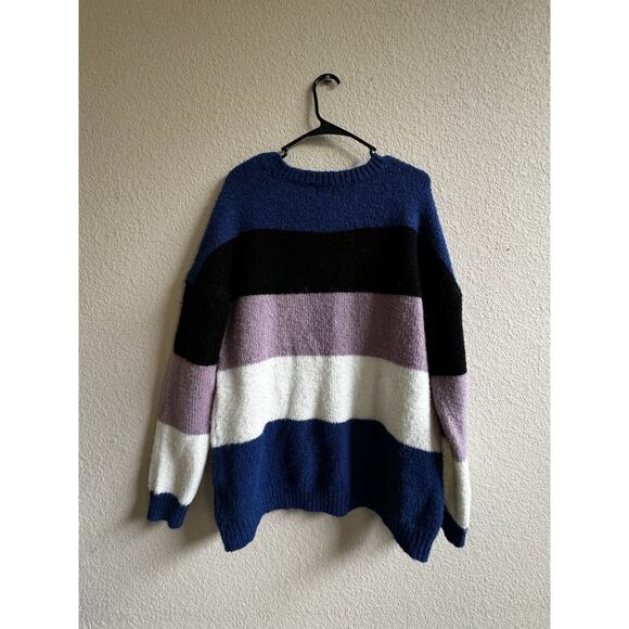 Volcom Sweater Women’s M/L Blue‎ Black Knit Stripe Colorful Oversized Comfy - Picture 2 of 7